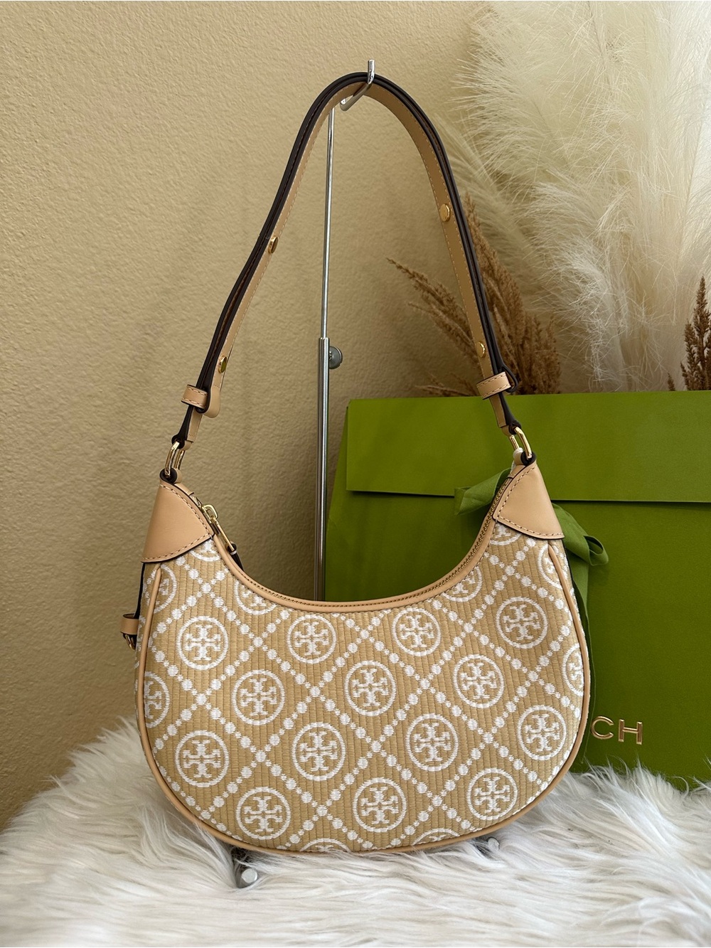 Tory Burch T MONOGRAM RAFFIA CRESCENT BAG